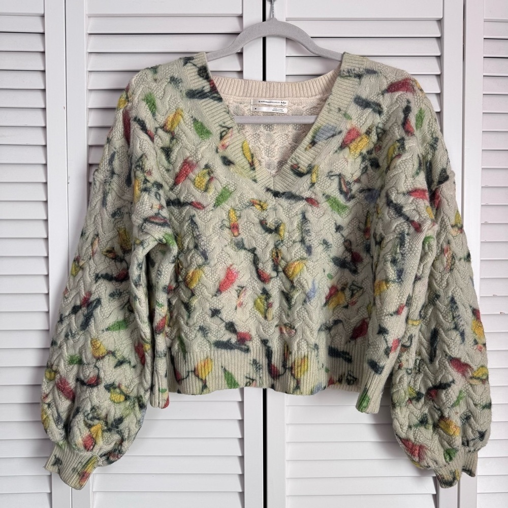 Anthropologie Catch of the Day Lambswool Cable Knit Sweater V-neck Birds Medium - Picture 3 of 10